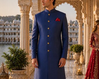 Jodhpuri Blue Indowestern Outfit for Men: Indian Groom Reception Dress