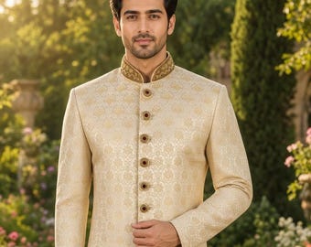 Off-White Wedding Sherwani for Men - Indian Groom Outfit