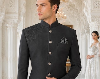 Black Beaded Jodhpuri Suit for Men: Indian Wedding Outfit