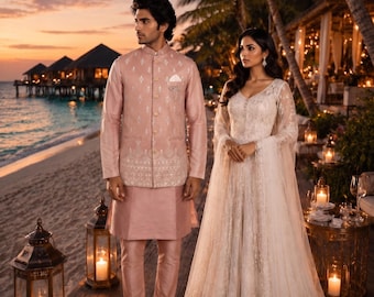 Dusty Rose Kurta Jacket Set: Men's Indian Wedding Outfit