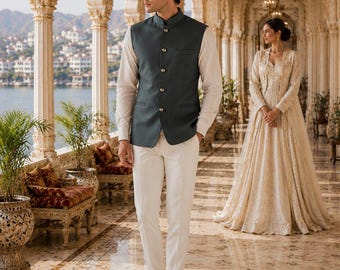 Dunkelgrüne Nehru Jacke: Indische Hochzeit Ärmellose Weste