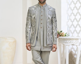 Green Wedding Sherwani for Men : Indian Groom Wedding Outfit , Made-to-Measure