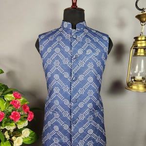 BLUE PRINTED NEHRU Jacket for Men | Sleeveless Indian Wedding Waistcoat | Ethnic Sleeveless Bandhgala | Modi Jacket for Wedding | Gift Men