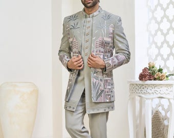 Green Wedding Sherwani for Men : Indian Groom Wedding Outfit , Made-to-Measure