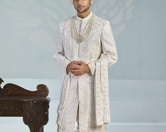 White Silk Blend Wedding Sherwani :  Indian Groom Outfit