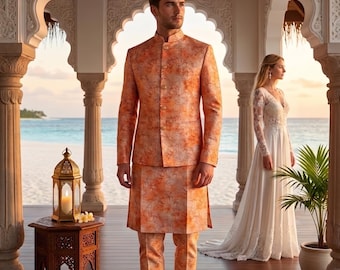 Orange persika Kurta jacka set: Indisk bröllopsoutfit, Haldi Mehndi-kläder