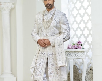 White Wedding Sherwani :  Indian Groom Outfit