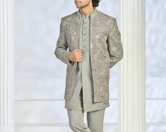 Green Wedding Sherwani for Men : Indian Groom Wedding Outfit , Made-to-Measure