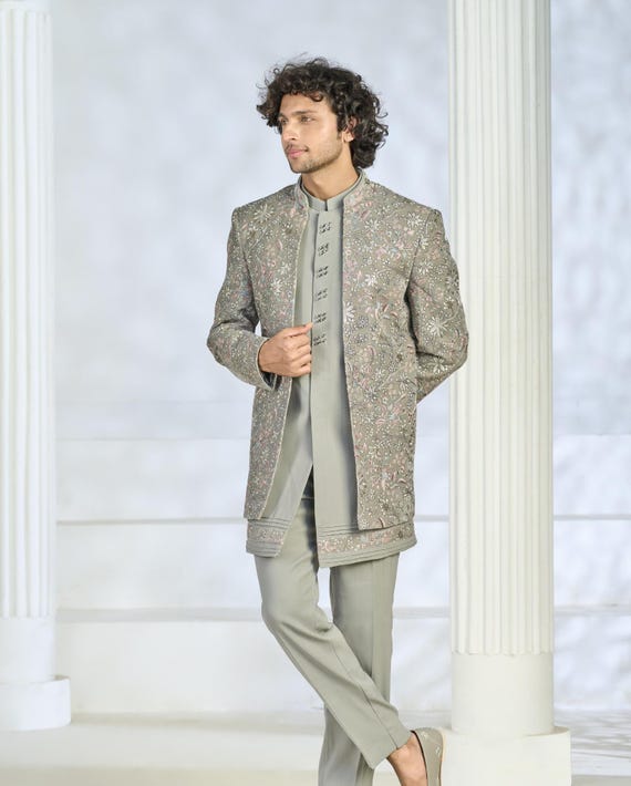 Green Wedding Sherwani for Men : Indian Groom Wedding Outfit , Made-to-Measure