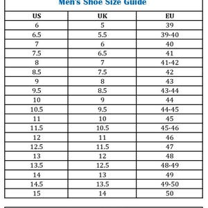 May include: A shoe size conversion chart for men, with US, UK, and EU sizes listed in a table. The chart includes sizes from US 6 to 15, with corresponding UK and EU measurements. The Etsy shop URL is at the bottom.