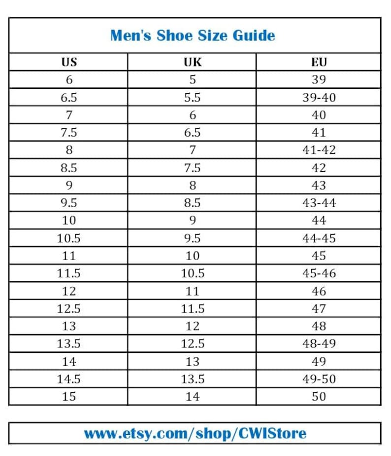 May include: A shoe size conversion chart for men, with US, UK, and EU sizes listed in a table. The chart includes sizes from US 6 to 15, with corresponding UK and EU measurements. The Etsy shop URL is at the bottom.