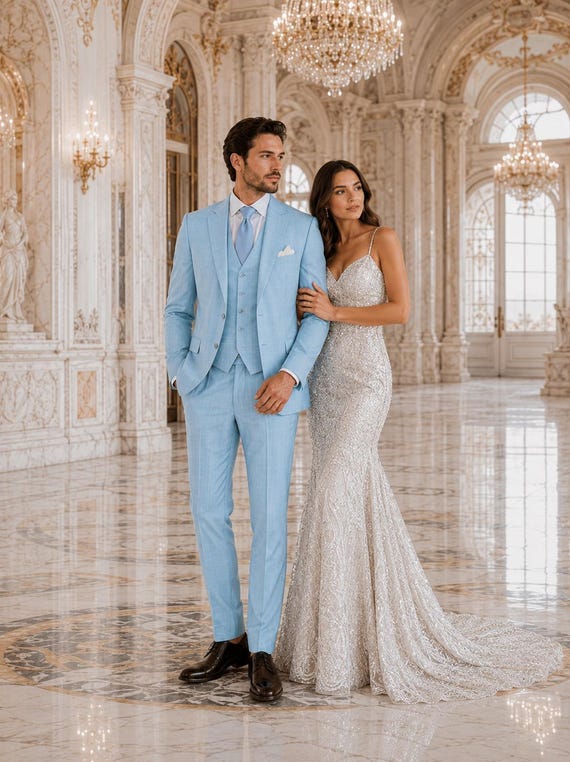 sky blue engagement dress for groom POWDER Suit Men – Soft Finish, Lightweight Formal Suit chicken Fabric Work Details