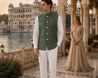 Chaqueta Nehru verde para hombre: chaleco de boda indio - Ajuste personalizado