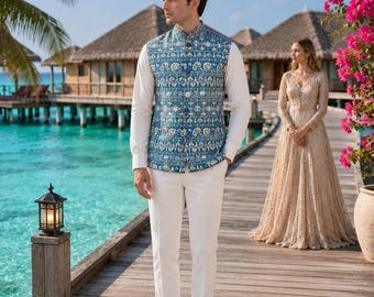 Blue Printed Nehru Jacket: Indian Wedding Waistcoat for Men