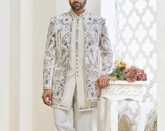 Cream Indowestern Sherwani: Indian Groom Wedding Outfit