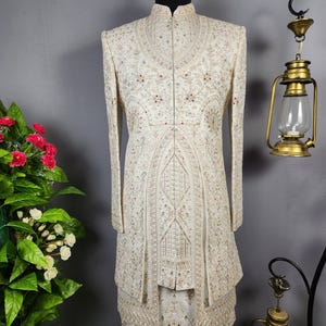 PEACOCK FIGURE WHITE Wedding Sherwani For Men | 3 Layer Sherwani | Luxury Groom Sherwani | Indian Groom Outfit | Indian Wedding Sherwani