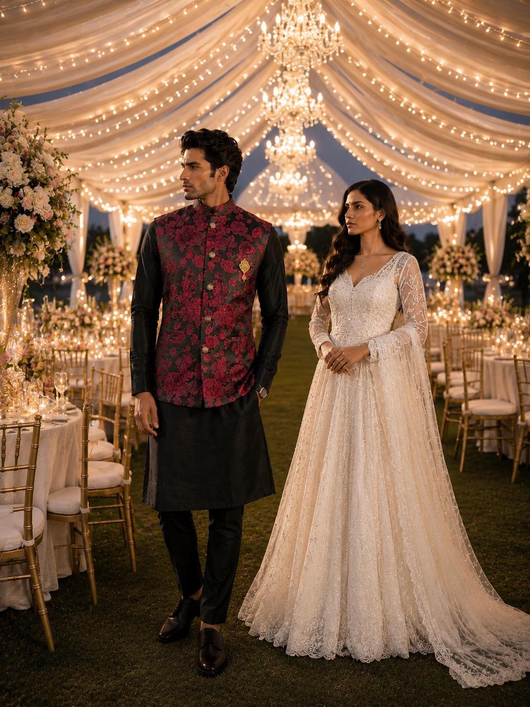 ブラックのネルージャケットクルタセット：インドの結婚式衣装、お祭り 