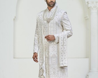 White  Wedding Sherwani: Hand-Embroidered Indian Groom Outfit
