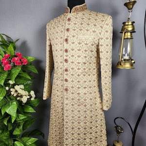 Golden Wedding Sherwani for Men: Red Accent Indian Groom Outfit