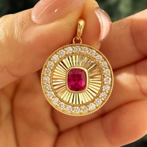 Cushion Cut Ruby Moissanite Medallion Pendant, 14K Yellow Gold Sterling Silver