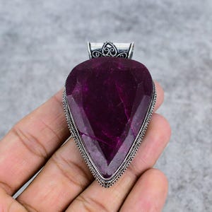 Faceted Kashmiri Ruby Gemstone Pendant Big Size Boho Pendant, Handmade Sterling Silver 925, Vintage Statement Pendant Antique Gift For Her