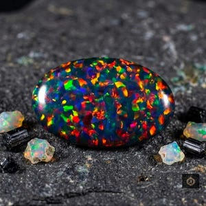 Könnte beinhalten: Ein ovaler schwarzer Opal mit einem lebhaften Farbspiel aus roten, orangen, gelben und grünen Reflexen. Der polierte Stein ist von mehreren kleineren, rauen, durchscheinenden Opalen und dunklen, zylindrischen Mineralfragmenten umgeben.