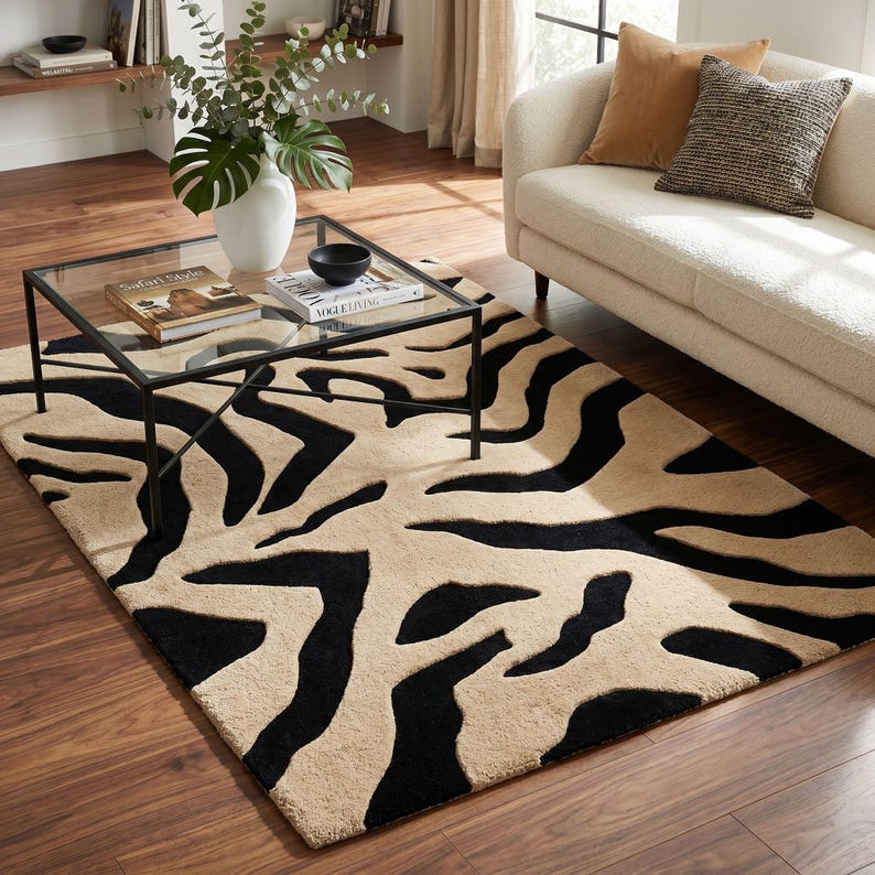 Pu&ograve; includere: Un tappeto con stampa zebrata beige e nera. Il tappeto rettangolare presenta audaci strisce nere su uno sfondo neutro. &Egrave; in un soggiorno, con un tavolino con piano in vetro e un divano bianco. Il design crea un contrasto sorprendente.