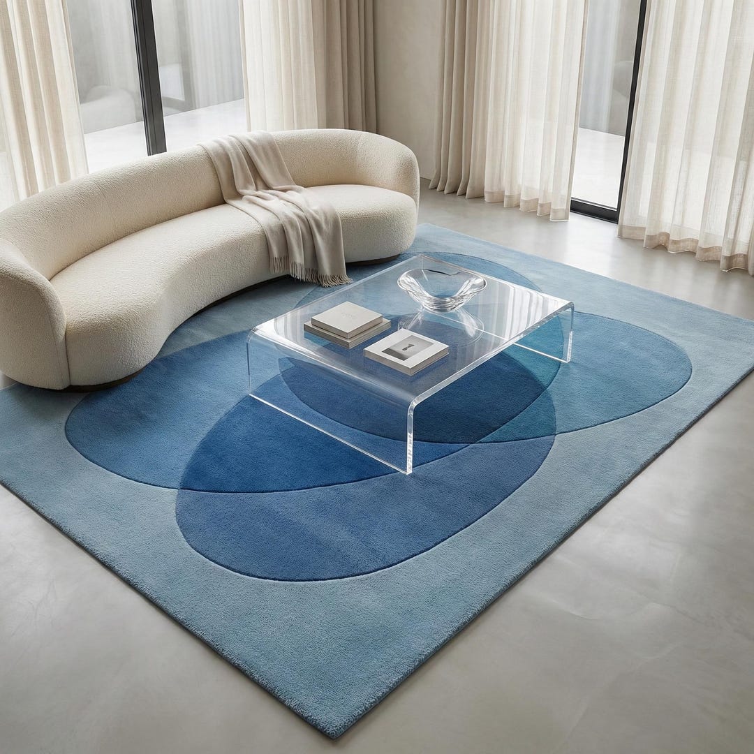Modern Navy Blue Overlapping Circles Wool Rug, Hand Tufted Abstract Mid ...