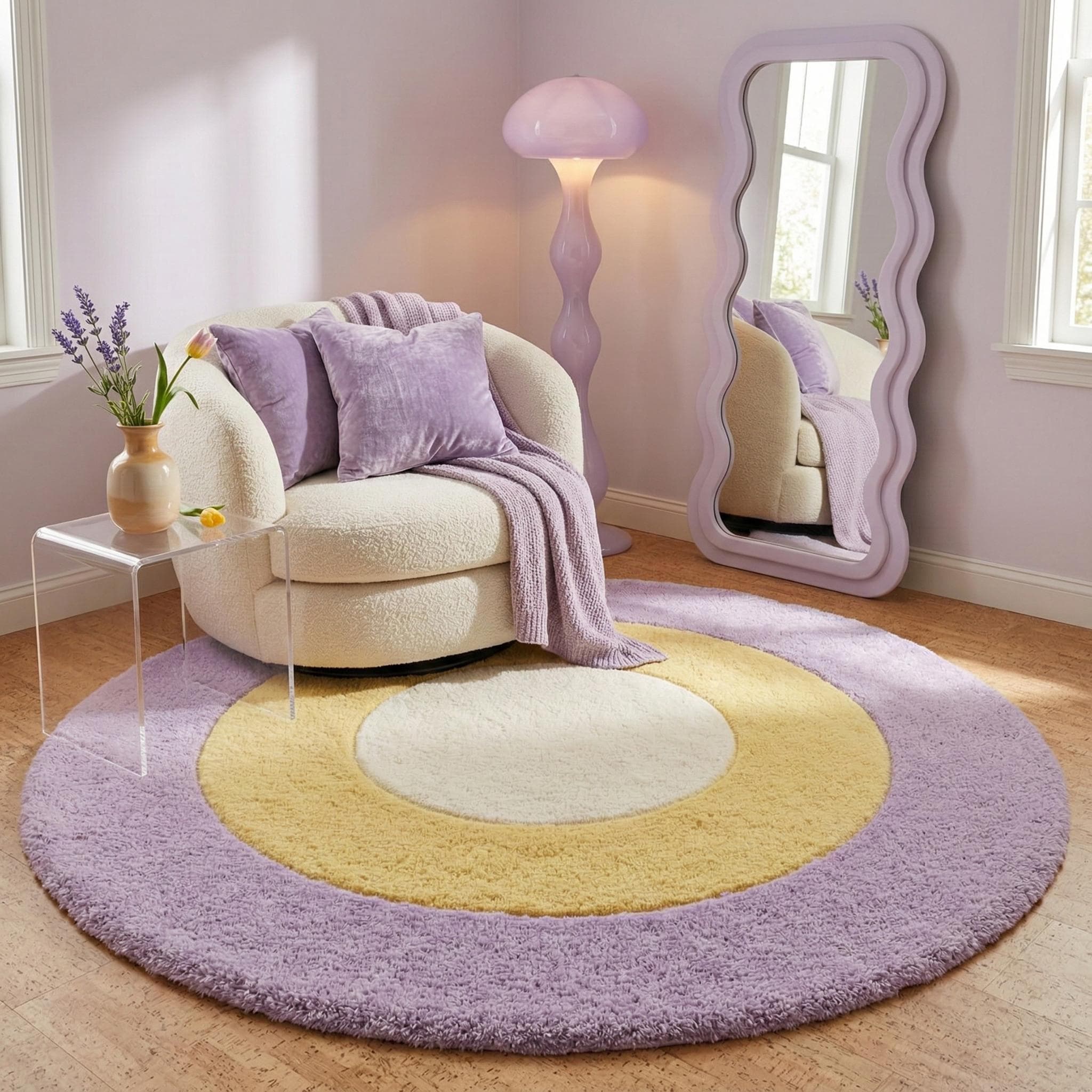 Lilac and Butter Yellow Round Wool Rug, Hand Tufted Circle Area Rug ...