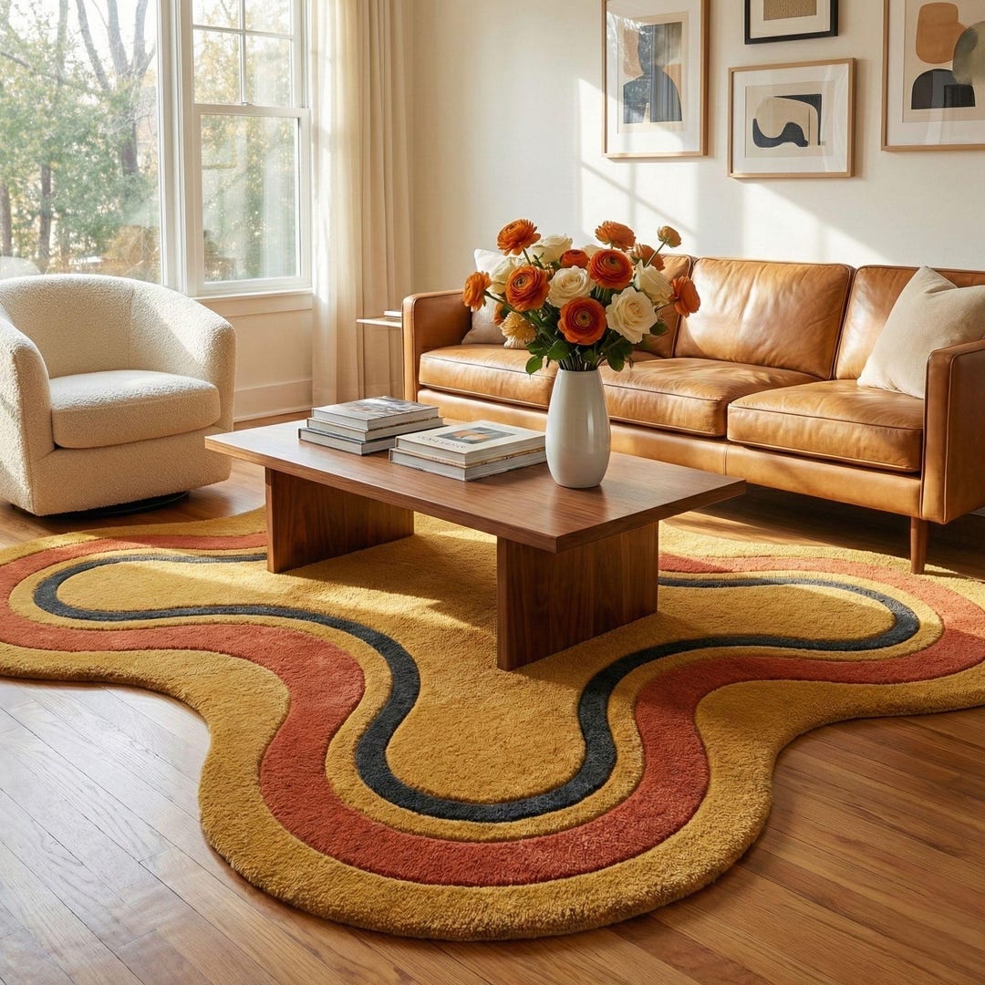 Retro Wavy Squiggle Rug, Hand Tufted Soft Wool Area Rug, Funky 70s ...