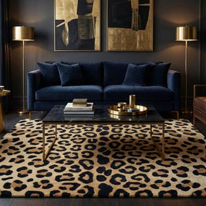 Leopard Print Wool Rug - Hand Tufted Area Rug - Luxury Animal Pattern Carpet for Living Room & Office - Handmade Spotted - Maximalist Decor
