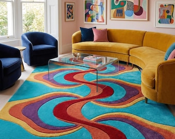 70s Retro Hand Tufted Wool Rug - Vibrant Wavy Psychedelic Area Rug, Mid Century Modern Groovy Statement Carpet, Bold Colorful Floor Decor