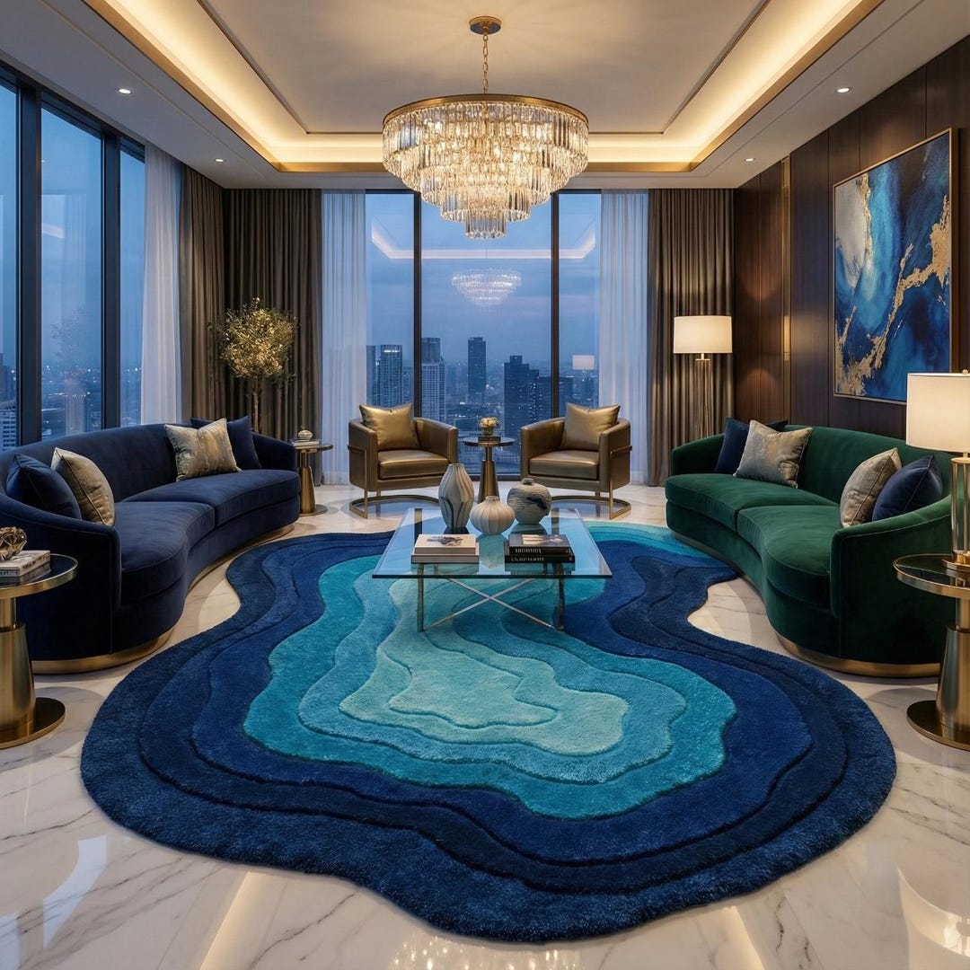 Organic Shape Hand Tufted Wool Rug - Custom Size 3D Ocean Blue ...