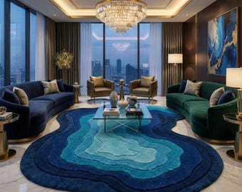 Organic Shape Hand Tufted Wool Rug - Custom Size 3D Ocean Blue Topographic Area Rug - Wavy Irregular Statement Carpet - Modern Living Room
