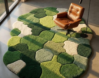 Groot handgemaakt mosgroen tapijt, handgetuft wollen vloerkleed, biologisch kiezeltapijt, 3D-getextureerde abstracte bosvloer, modern woonkamerdecor