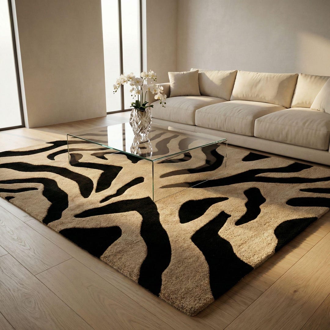 Large Hand Tufted Wool Zebra Rug - Black and Beige Animal Print Area ...