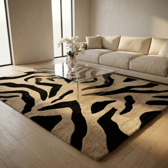 Large Hand Tufted Wool Zebra Rug - Black and Beige Animal Print Area Rug - Neutral Plush Handmade Statement Carpet for Living Room & Bedroom