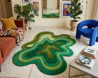 Modern Wavy Green Wool Rug – Hand Tufted Abstract Irregular Shaped Area Rug for Living Room, Dopamine Decor, Amoeba Statement Plush Carpet
