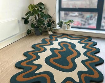 Irregular Shaped Hand Tufted Area Rug – Modern Wavy Abstract Wool Rug for Living Room, Retro 70s Mid Century Decor, Organic Shape Amoeba Rug