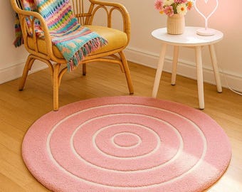 Handmade Custom Tufted Wool Rug, Groovy Round Concentric Circle Rug, Retro Dopamine Decor for Living Room, Aesthetic Bedroom & Playroom