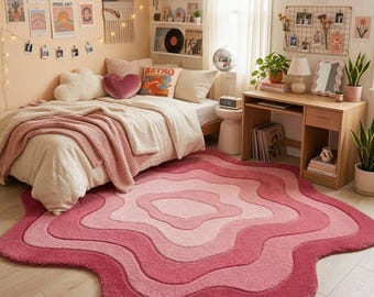 Pink Wavy Hand Tufted Wool Rug, Scalloped Irregular Shaped Area Rug for Bedroom, Living Room or Nursery, Retro Groovy Dopamine Decor Rug