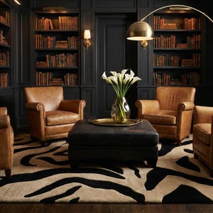 Pu&ograve; includere: Un lussuoso interno di biblioteca con poltrone in pelle, un pouf nero e un tappeto zebrato. Le pareti sono rivestite di librerie e una lampada da terra dorata illumina lo spazio. Un vaso di fiori bianchi &egrave; posto sul pouf.