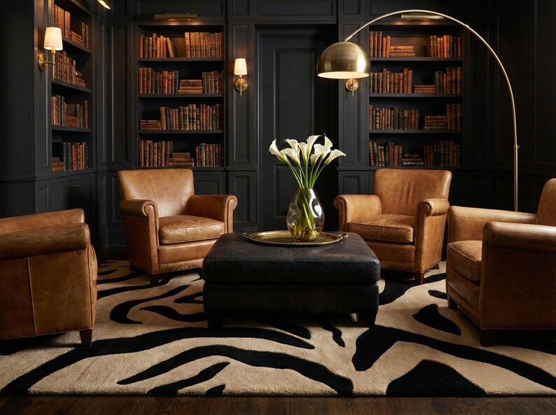 Pu&ograve; includere: Un lussuoso interno di biblioteca con poltrone in pelle, un pouf nero e un tappeto zebrato. Le pareti sono rivestite di librerie e una lampada da terra dorata illumina lo spazio. Un vaso di fiori bianchi &egrave; posto sul pouf.