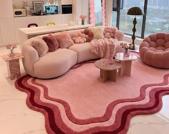 Pink Wavy Hand Tufted Wool Rug, Modern Retro Squiggle Area Rug, Danish Pastel Scalloped Carpet, Aesthetic Living Room Bedroom Decor