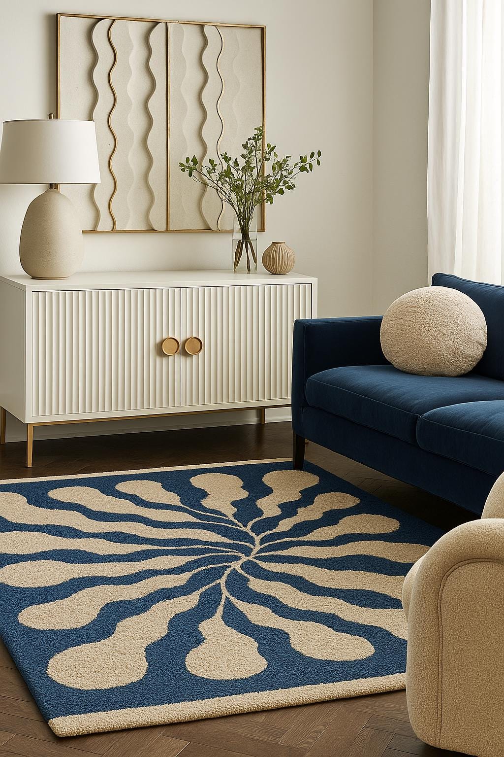 ハンドメイドウールエリアラグ - ブルー＆ベージュの抽象的な渦巻き