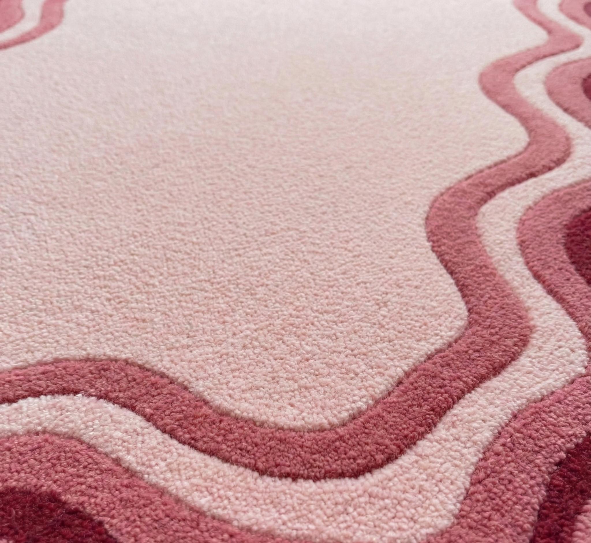 Pink Wavy Wool Hand Tufted Rug – Modern Retro Wiggle Area Rug, Soft ...