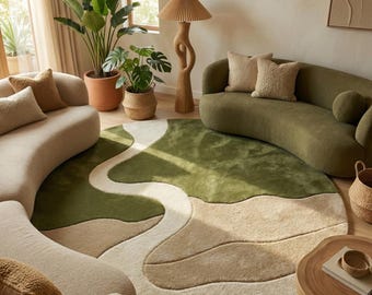 Round Wavy Wool Rug, Modern Hand Tufted Area Rug, Abstract Wave Design Carpet, Moss Green and Beige Pond Circle Rug, Living Room, Statement