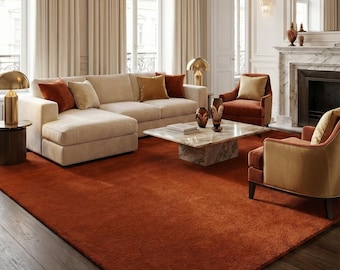 8x10 Terracotta Wool Rug - Burnt Orange Large Hand Tufted Area Rug for Modern Living Room - Solid Color Rust Handmade Statement Carpet
