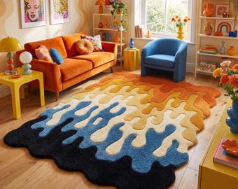 Irregular Shaped Tufted Area Rug | Scalloped Edge Wavy Abstract Wool Carpet, Funky Rug for Kids Room Decor, Playroom, Living Room Nursery