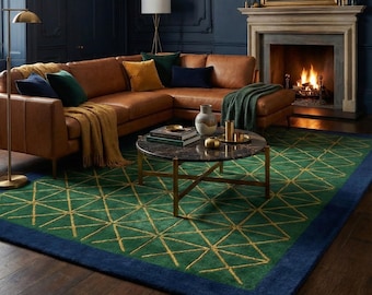 Tappeto verde smeraldo per soggiorno - Tappeto a griglia con bordo blu navy in lana trapuntata a mano - Tappeto geometrico Art Déco di grande impatto, stile moderno di metà secolo